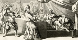Jesus invited to dinner with the Pharisee (illustration from the Gospel of Saint Luke, chapter 11:37, 1728)