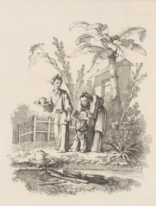 Two Women Leading a Child toward a Teapot on a Table near a Pond