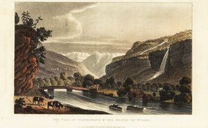 View of the glaciers; alps; waterfall and bridge over the Gadmerwasser at Wiler; Bernese Oberland Alps, Switzerland