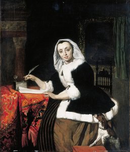 An Elegant Lady Writing at Her Desk, with a Dog Beside Her