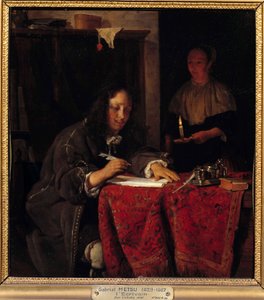 The writer. Servant holds a candle so the writer has light to write
