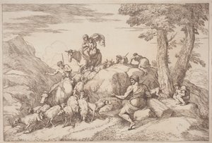 A Pastoral Journey with a Mother and Child on Horseback and an Elderly Shepherd Seated