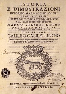 Title page of History and demonstrations concerning sunspots and their properties by Galileo Galilei