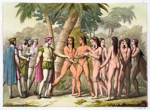 Christopher Columbus with Hernando Cortes receiving a native American girl as a gift by Gallo Gallina