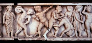 Gallo Roman art: marble frieze from a sarcophagus depicting children playing
