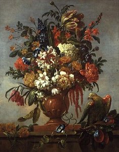 Still Life of Flowers in an Urn, with a Red Parrot