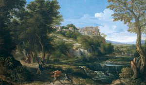 Landscape showing dancing faun and nymph by Gaspard Poussin Dughet