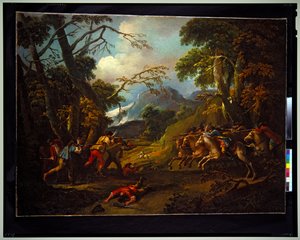 A Pair of Genre Scenes: a Battle & Hostages, undated by Gasparo Diziani
