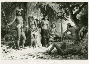 Bivouac and types of Lung in the forest. Engraving to illustrate the story De Koutei a Bandjirmasin, voyage through Borneo, by Carl Bock, in le tour du monde 1890, directed by Edouard Charton, Hachette, Paris. by Gaston Vuillier