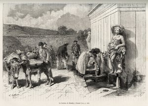 The fountain of the Rossello, in Sassari (Italy). Daily activities, woman filling a criche and water bearers with their donkeys, filling their barrels. Engraving and story 