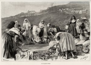 The lavender of Osilo (Italy), women gathered around the basin (engraving and story 