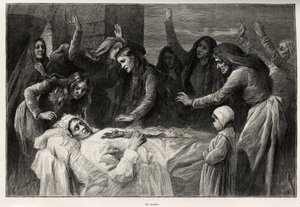 The vocero, Corsican funebre song calling for revenge. Engraving and story La Corse by Gaston Vuillier by Gaston Vuillier