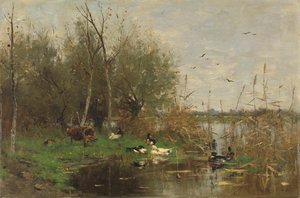 Ducks beside a Duck Shelter on a Ditch by Geo Poggenbeek