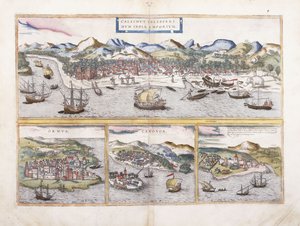 View of Calcutta, India, and beneath smaller views of Ormuz at the entrance of the Persian Gulf, Canonor in India, and the Portuguese fortress of El Mina in West Africa
