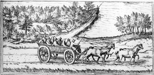 Coach with passengers in France, detail of a map, late 16th century by Georg Braun und Franz Hogenberg