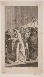 Illustration with a Young Lady Giving a Letter to an Older Man. In the Background Two Gentlemen Surrounded by City Guards