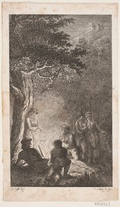 Illustration with Figures around a Bonfire