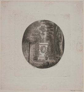 Pedestal with Amor and Psyche and another sculpture in a garden