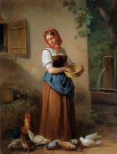 A Girl Feeding Chickens and Pigeons by Georg Decker
