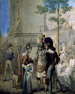 Coconut trader Porte Saint Denis in Paris. Old merchant shop selling coconut cups in the streets of Paris. Drawing by German George Emanuel Opitz