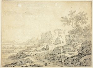 Rocky Landscape with Figures and Dog on Path