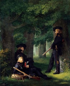 Outpost Duty (Portraits of Theodor Koerner, Karl Friedrich Friesen, and Heinrich Hartmann). Painting by Georg Friedrich Kersting, 1815