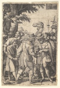 Joseph Sold to the Merchants: A Bearded Man Grasping Joseph with His Left Hand Receives Co...