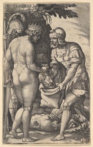 Tomyris, Shown Nude from Behind, Placing the Head of Cyrus into a Sack Held by a Soldier