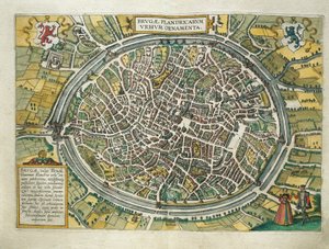 Bruges map from Civitates Orbis Terrarum, Cologne, engraving by Georg Braun and Hogenberg Franz