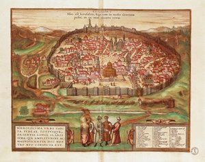 Israel and Palestine, City of Jerusalem, from Civitates Orbis Terrarum, Color Engraving by Georg Braun and Hogenberg Franz
