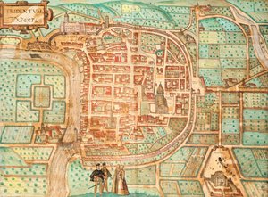 Map of Tridentum, today Trent, by Georg Braun and Franz Hogenberg, colored engraving from Civitates Orbis Terrarum, Italy