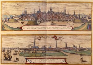 Top View of the City of Lubeck, Below the City of Hamburg in Germany. Engraving from the Atlas of "Braun and Hogenberg" 1572 by Georg Braun and Hogenberg Franz