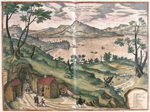 The Bay of Naples and the Vesuve, Italy, in 1579 by Georg Braun and Hogenberg Franz