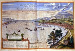 The Strait of Messina - Calabria on the Left, Messina and Etna on the Right in Sicily. Atlas de Braun and Hogenberg