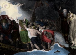 Prospero and Miranda, right, standing on the island as the sailors are shipwrecked