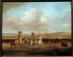 American Indians on Horseback Hunting the Bison