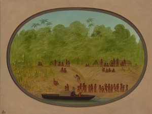 An Omagua Village - Boat Sketch by George Catlin