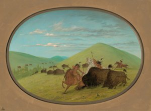 Buffalo Chase - Bulls Protecting the Calves by George Catlin