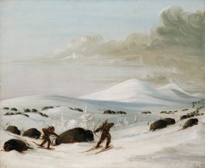 Buffalo Chase in Snowdrifts, Indians Pursuing on Snowshoes