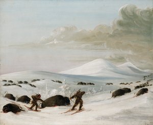 Buffalo Chase in Snowdrifts, Indians Pursuing on Snowshoes