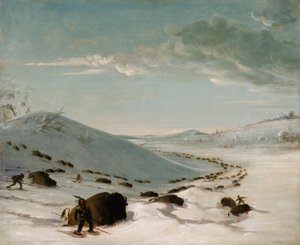 Buffalo Chase in Winter, Indians on Snowshoes by George Catlin