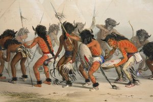 Buffalo Dance (detail), pub. 1845 colour lithograph by George Catlin