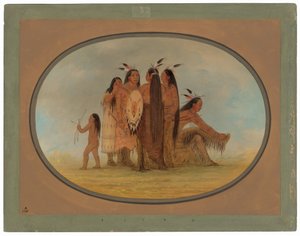 Four Mandan Warriors, a Girl, and a Boy