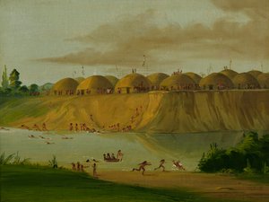 Hidatsa Village, Earth-covered Lodges, on the Knife River, 1810 Miles above St. Louis, 1832 by George Catlin