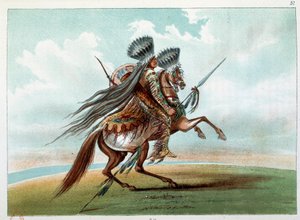 Indians of America: Indian Miniatarees hunting wild horses at the foot of the Rockies. Illustration by George Catlin