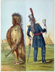 Indians of America: Indian Assiniboin in Military Dress with Two Bottles of Whiskey. Illustration by George Catlin