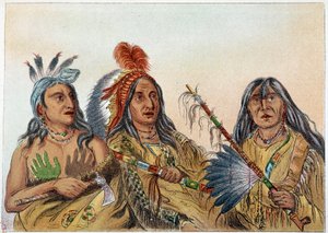 Indians of America: Portrait of Sioux chiefs whose rivalry was constant. Illustration by George Catlin