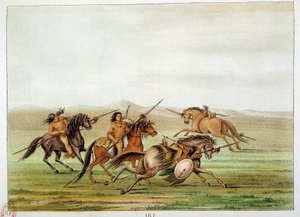 Indians of America: Warriors Commanders training on horseback. Illustration by George Catlin