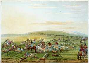 Indians of America: tribe of Indians with horses and dogs. Illustration by George Catlin