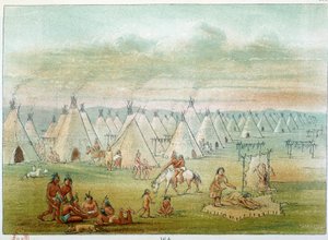Indians of America: village commanche the tents are made of bison skins. Illustration by George Catlin by George Catlin